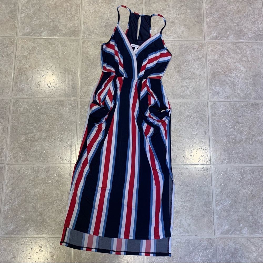 BCBG Striped Spaghetti Strap Keyhole Back Dress with Draped Pockets, XS